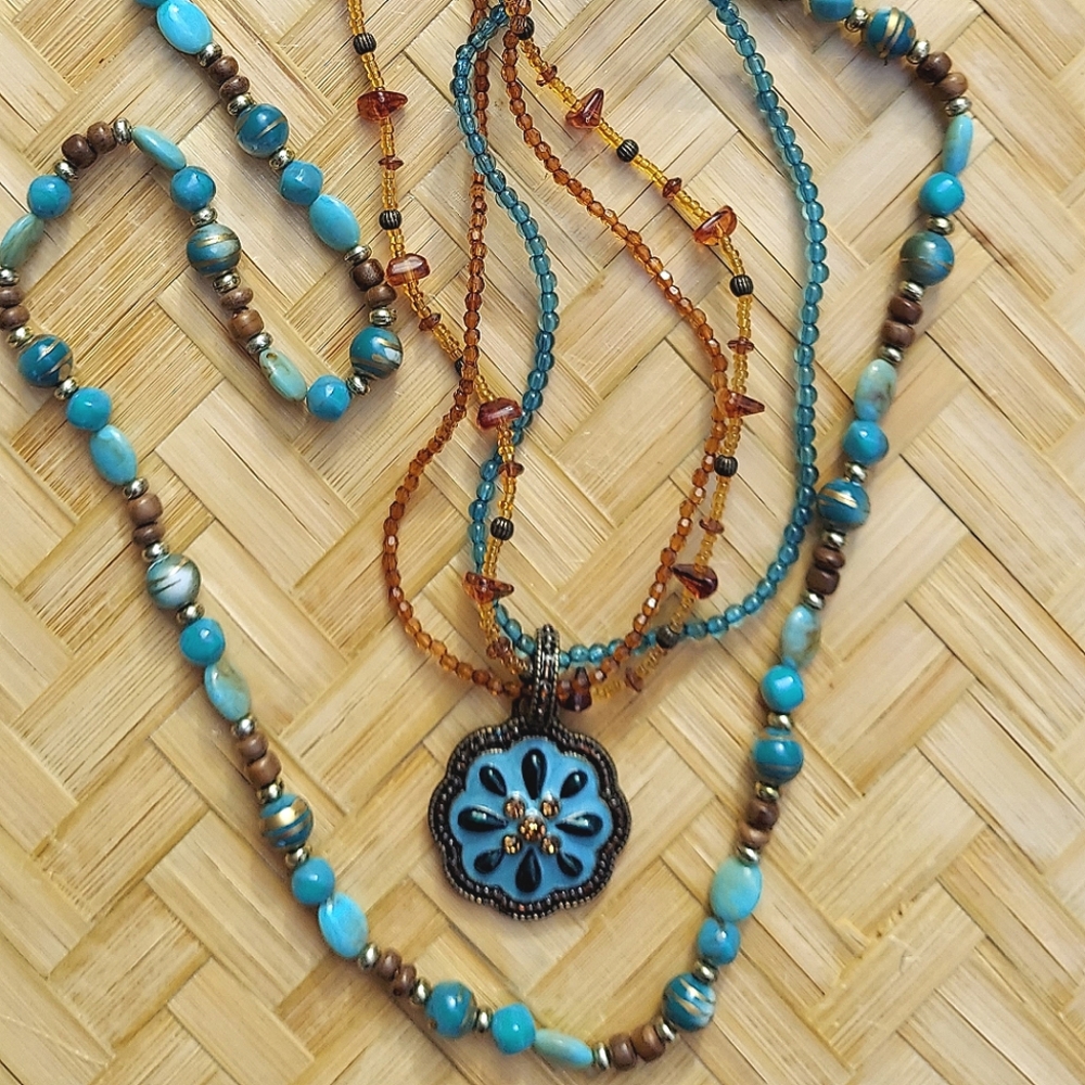 Beaded turquoise brown copper Colorful multi-strand Boho necklace set
